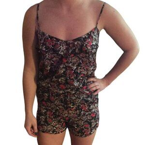 UO Kimchi Blue romper red tan abstract print ruffle neck  spaghetti straps XS